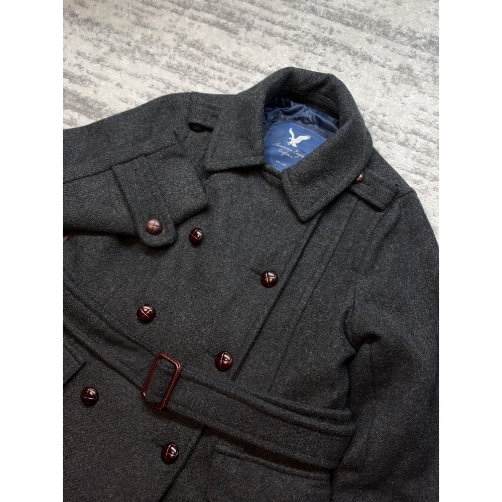 American Eagle Pea Coat Women Medium Gray Wool Blend Belted Double Breasted Y2K